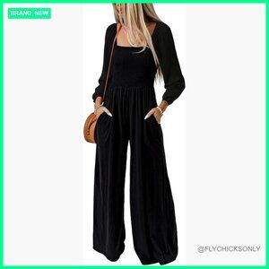 Polyester Jumpsuit with Pockets, Sleeveless Wide Leg Romper